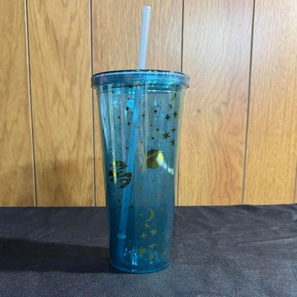Blue and gold Celestial tumbler‎ with lid and straw